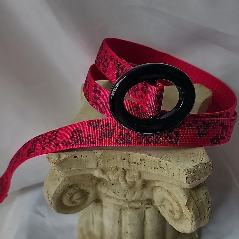Pink & Black Floral Belt With Glossy Black Oval Buckle
